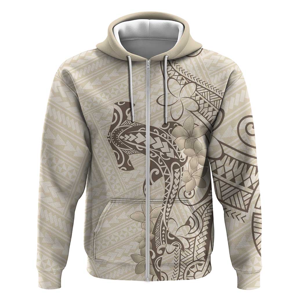 Beige Hawaii Zip Hoodie Hammerhead Shark Tattoo Curve Polynesian - Polynesian Pride