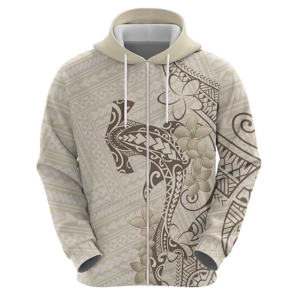 Beige Hawaii Zip Hoodie Hammerhead Shark Tattoo Curve Polynesian - Polynesian Pride