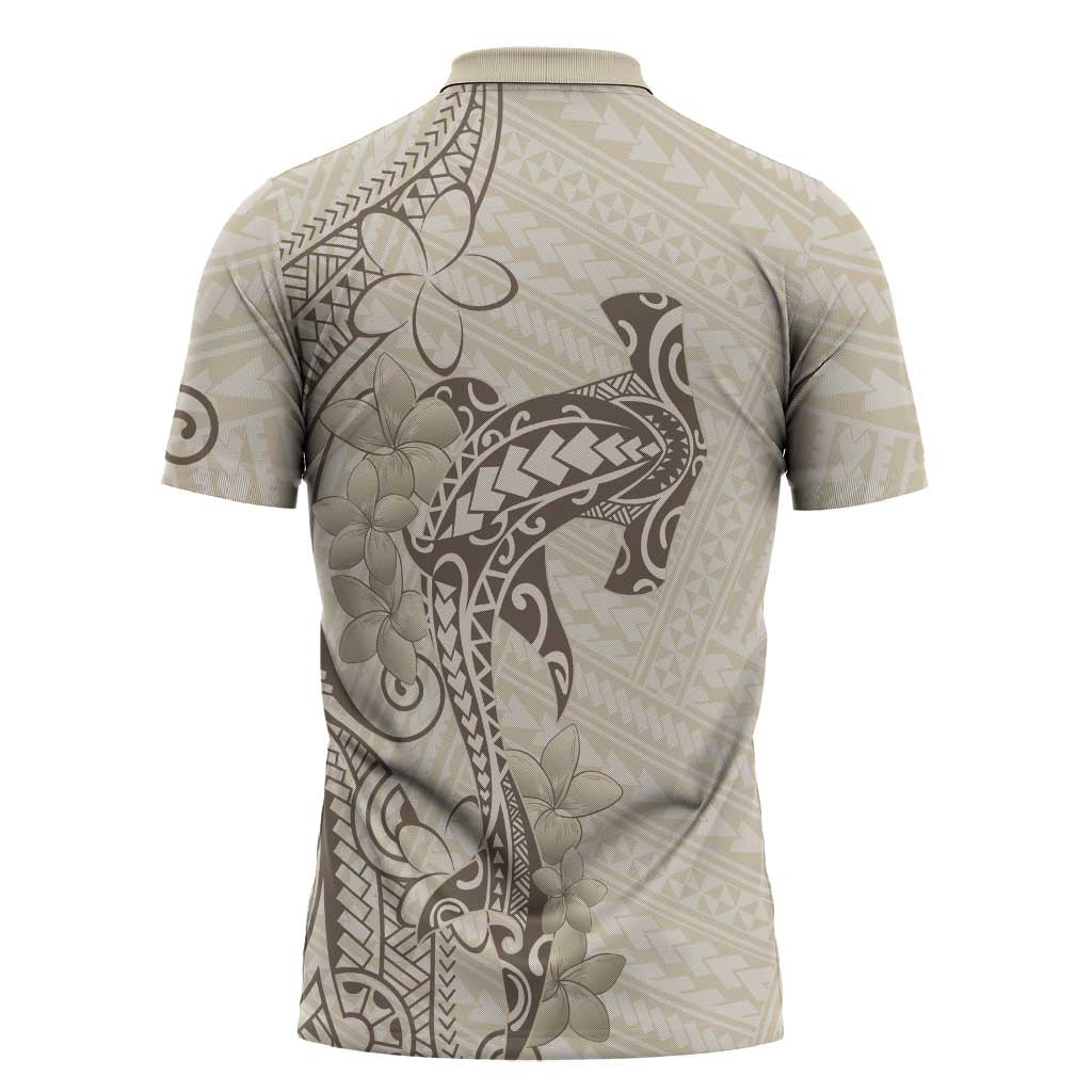 Beige Hawaii Zipper Polo Shirt Hammerhead Shark Tattoo Curve Polynesian - Polynesian Pride