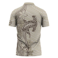 Beige Hawaii Zipper Polo Shirt Hammerhead Shark Tattoo Curve Polynesian - Polynesian Pride