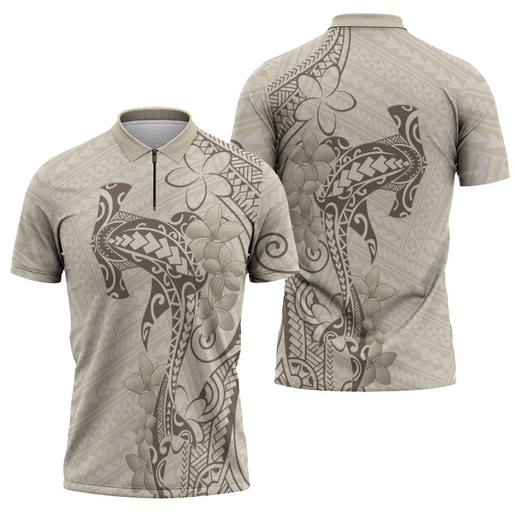 Beige Hawaii Zipper Polo Shirt Hammerhead Shark Tattoo Curve Polynesian - Polynesian Pride