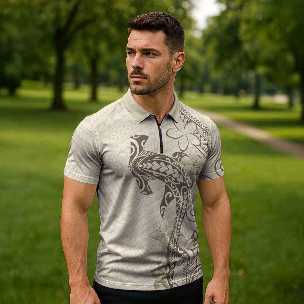 Beige Hawaii Zipper Polo Shirt Hammerhead Shark Tattoo Curve Polynesian - Polynesian Pride