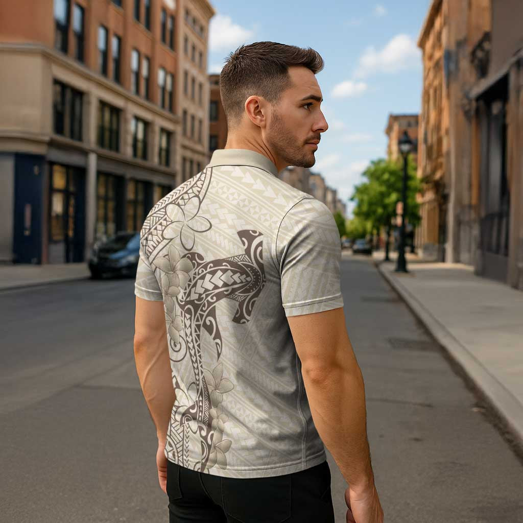 Beige Hawaii Zipper Polo Shirt Hammerhead Shark Tattoo Curve Polynesian - Polynesian Pride