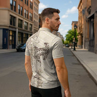 Beige Hawaii Zipper Polo Shirt Hammerhead Shark Tattoo Curve Polynesian - Polynesian Pride