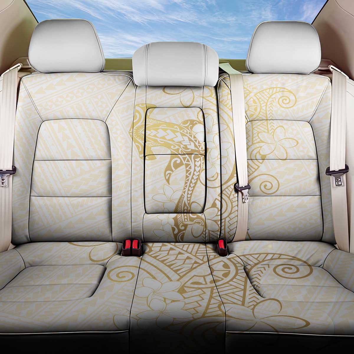 Gold and White Hawaii Back Car Seat Cover Hammerhead Shark Tattoo Curve Polynesian - Polynesian Pride