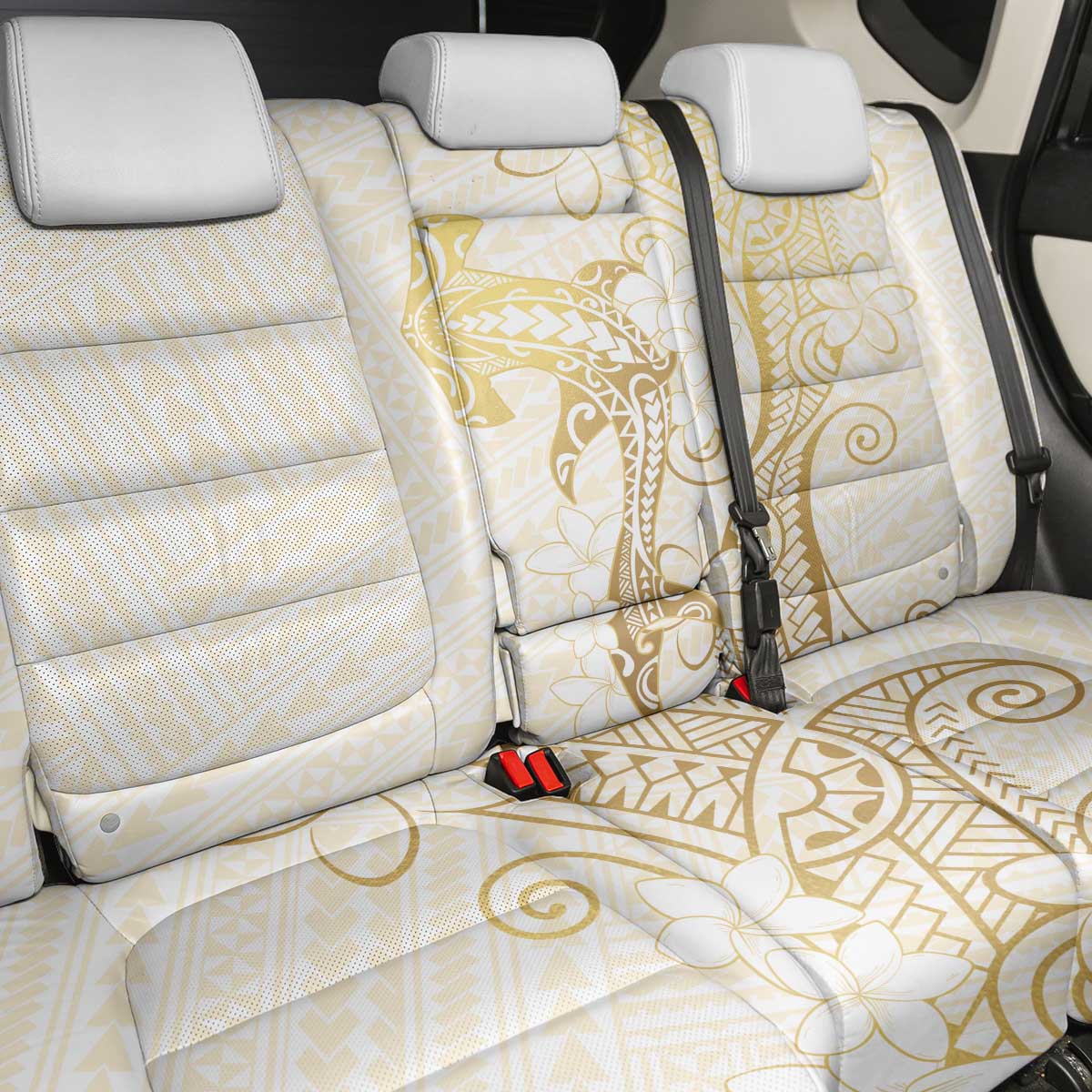Gold and White Hawaii Back Car Seat Cover Hammerhead Shark Tattoo Curve Polynesian - Polynesian Pride