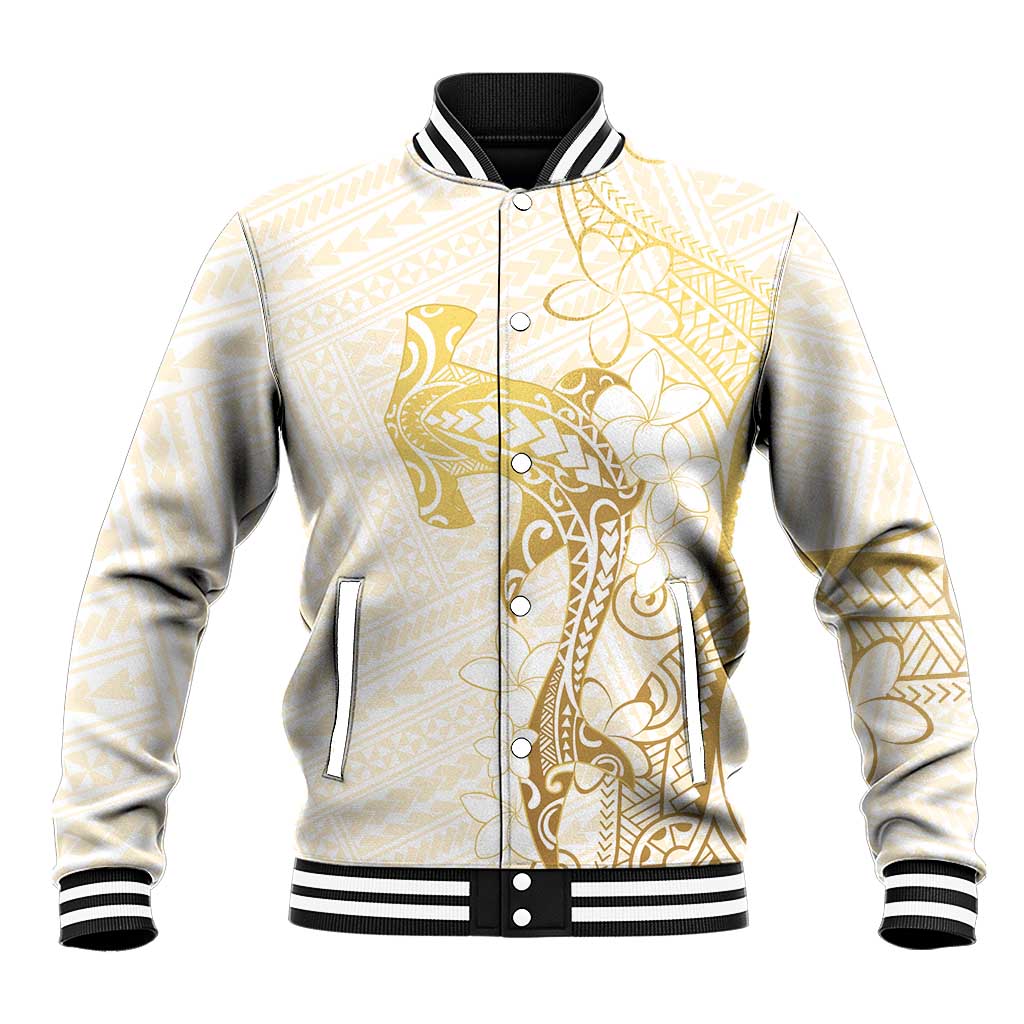 Gold and White Hawaii Baseball Jacket Hammerhead Shark Tattoo Curve Polynesian - Polynesian Pride