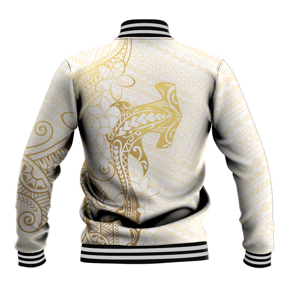 Gold and White Hawaii Baseball Jacket Hammerhead Shark Tattoo Curve Polynesian - Polynesian Pride