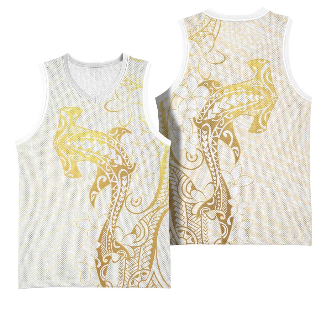 Gold and White Hawaii Basketball Jersey Hammerhead Shark Tattoo Curve Polynesian - Polynesian Pride