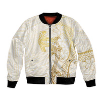 Gold and White Hawaii Bomber Jacket Hammerhead Shark Tattoo Curve Polynesian - Polynesian Pride