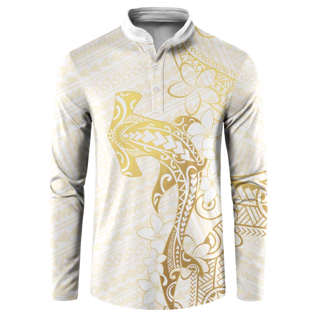 Gold and White Hawaii Button Sweatshirt Hammerhead Shark Tattoo Curve Polynesian - Polynesian Pride