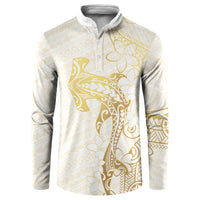 Gold and White Hawaii Button Sweatshirt Hammerhead Shark Tattoo Curve Polynesian - Polynesian Pride