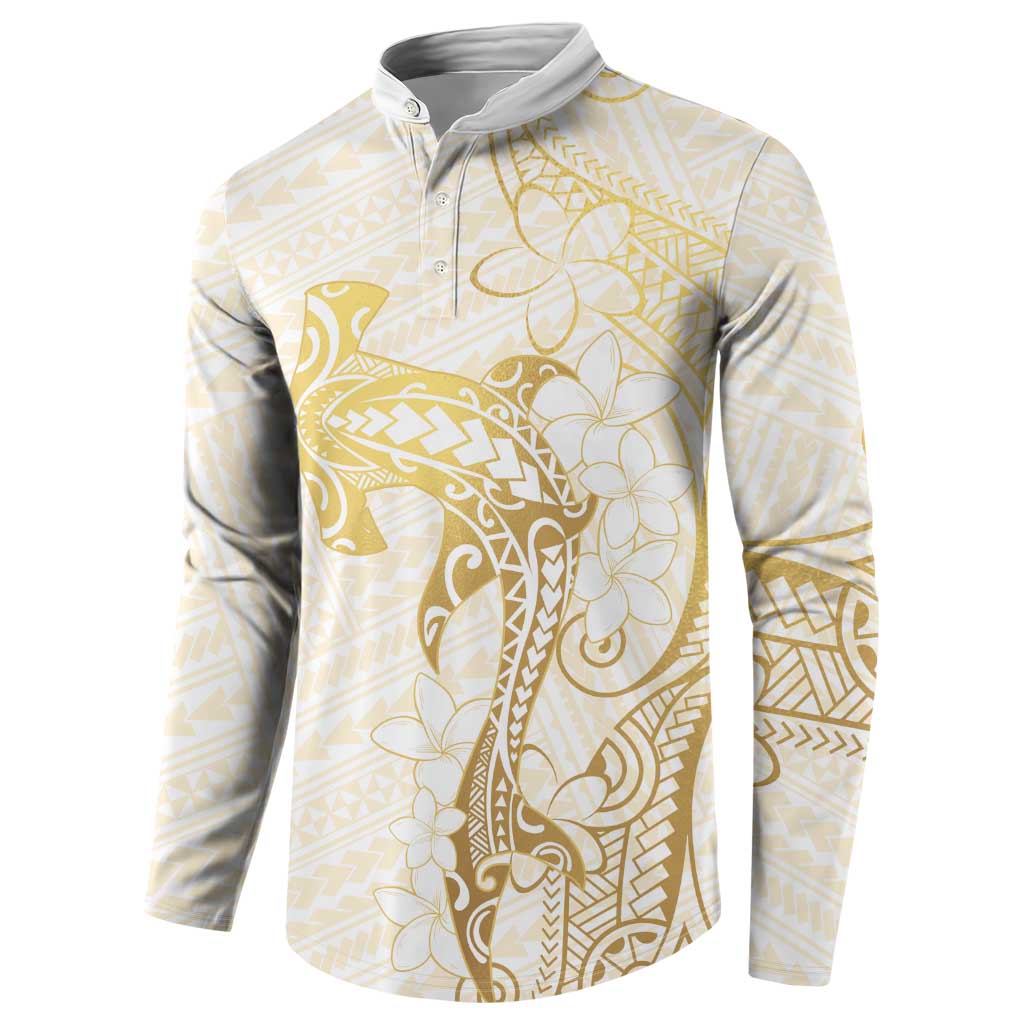 Gold and White Hawaii Button Sweatshirt Hammerhead Shark Tattoo Curve Polynesian - Polynesian Pride