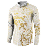 Gold and White Hawaii Button Sweatshirt Hammerhead Shark Tattoo Curve Polynesian - Polynesian Pride