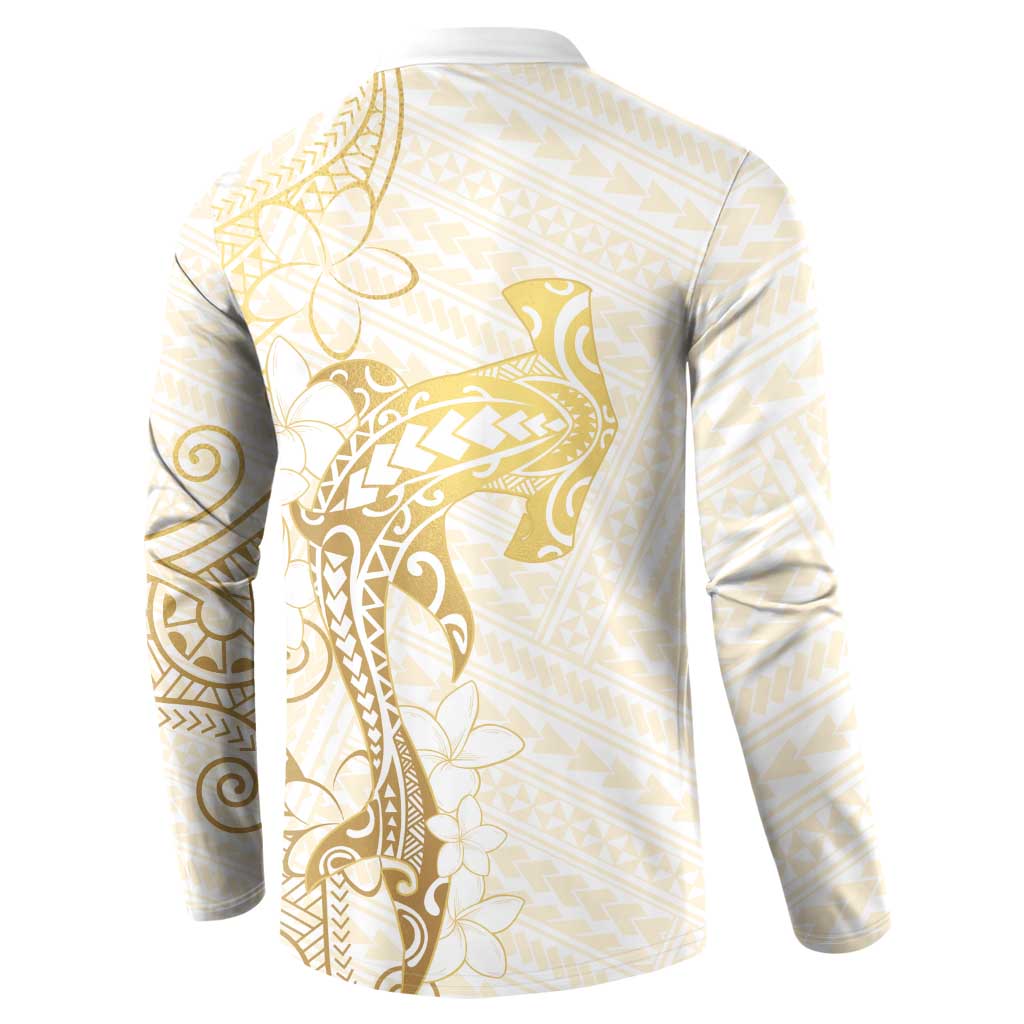 Gold and White Hawaii Button Sweatshirt Hammerhead Shark Tattoo Curve Polynesian - Polynesian Pride