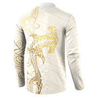 Gold and White Hawaii Button Sweatshirt Hammerhead Shark Tattoo Curve Polynesian - Polynesian Pride