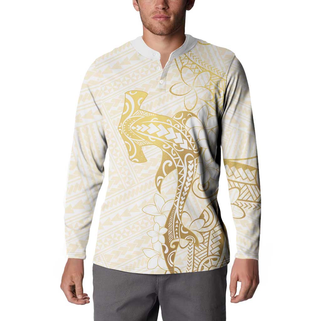 Gold and White Hawaii Button Sweatshirt Hammerhead Shark Tattoo Curve Polynesian - Polynesian Pride