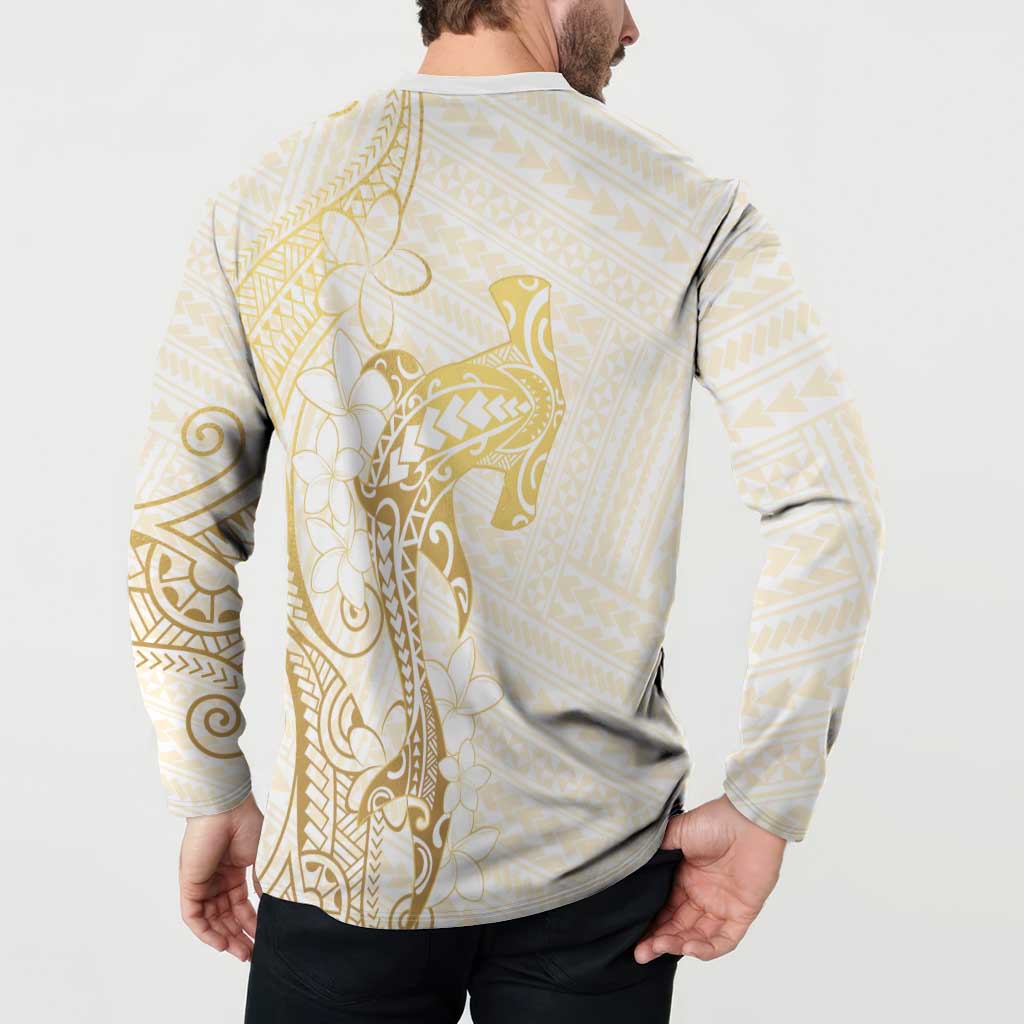 Gold and White Hawaii Button Sweatshirt Hammerhead Shark Tattoo Curve Polynesian - Polynesian Pride