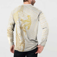 Gold and White Hawaii Button Sweatshirt Hammerhead Shark Tattoo Curve Polynesian - Polynesian Pride