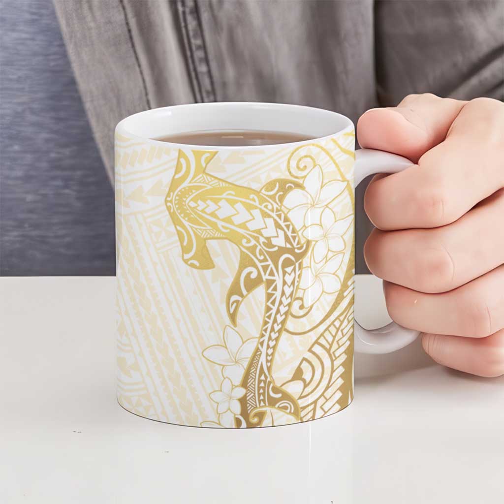 Gold and White Hawaii Ceramic Mug Hammerhead Shark Tattoo Curve Polynesian - Polynesian Pride