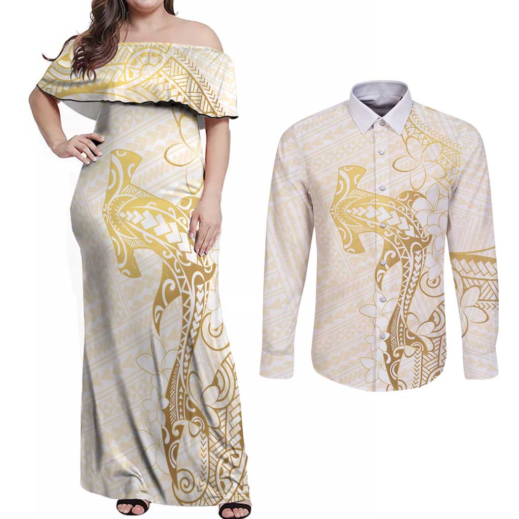 Gold and White Hawaii Couples Matching Off Shoulder Maxi Dress and Long Sleeve Button Shirt Hammerhead Shark Tattoo Curve Polynesian - Polynesian Pride
