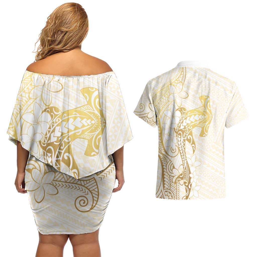 Gold and White Hawaii Couples Matching Off Shoulder Short Dress and Hawaiian Shirt Hammerhead Shark Tattoo Curve Polynesian - Polynesian Pride