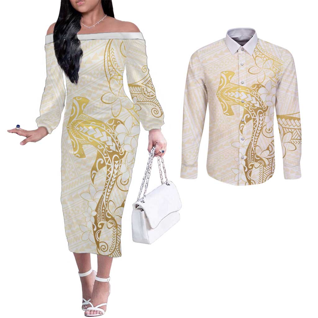 Gold and White Hawaii Couples Matching Off The Shoulder Long Sleeve Dress and Long Sleeve Button Shirt Hammerhead Shark Tattoo Curve Polynesian - Polynesian Pride
