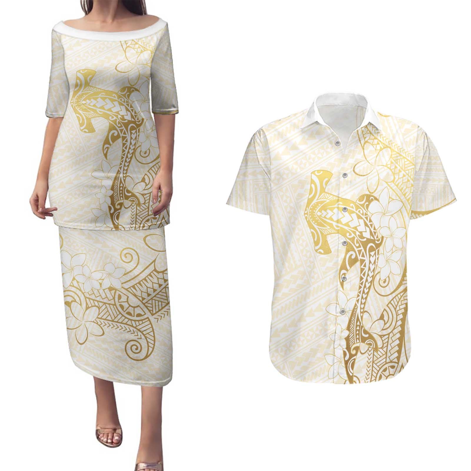 Gold and White Hawaii Couples Matching Puletasi and Hawaiian Shirt Hammerhead Shark Tattoo Curve Polynesian - Polynesian Pride
