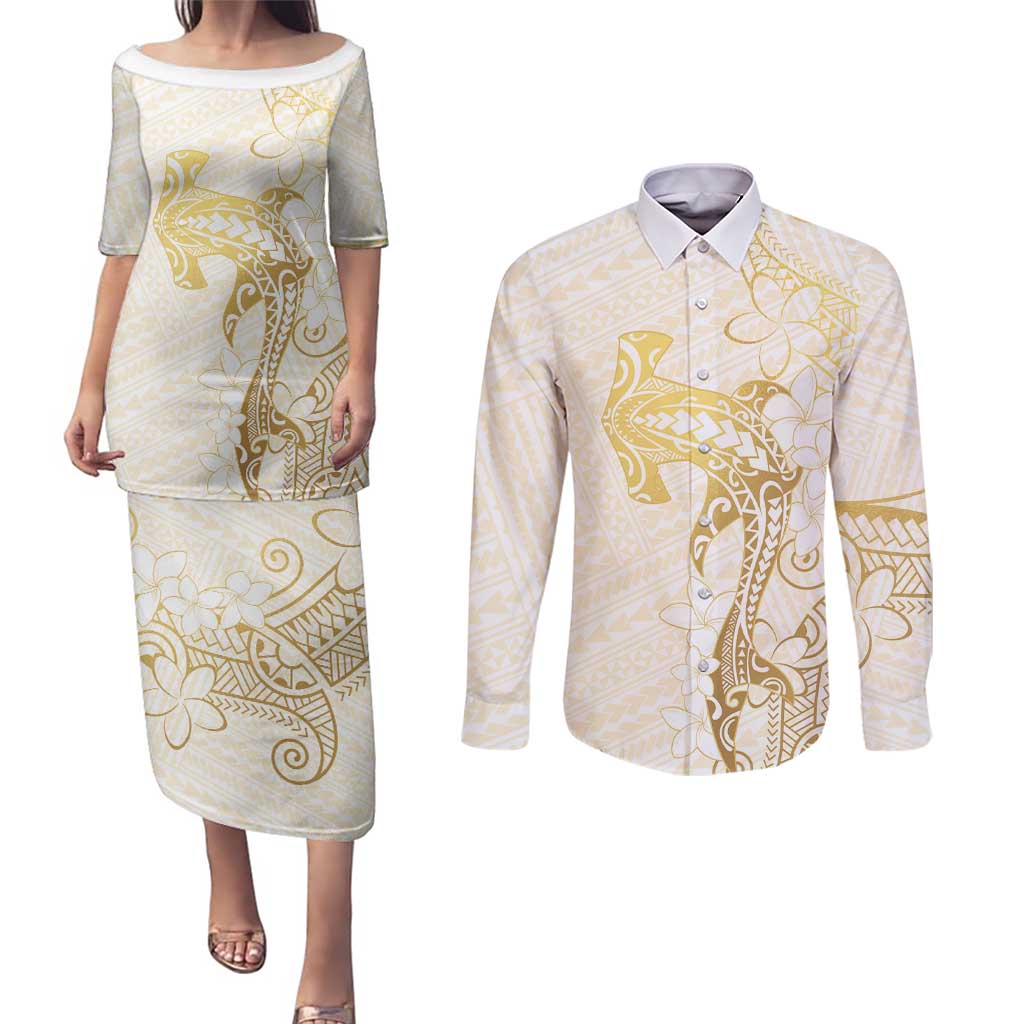 Gold and White Hawaii Couples Matching Puletasi and Long Sleeve Button Shirt Hammerhead Shark Tattoo Curve Polynesian - Polynesian Pride