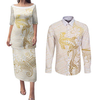 Gold and White Hawaii Couples Matching Puletasi and Long Sleeve Button Shirt Hammerhead Shark Tattoo Curve Polynesian - Polynesian Pride