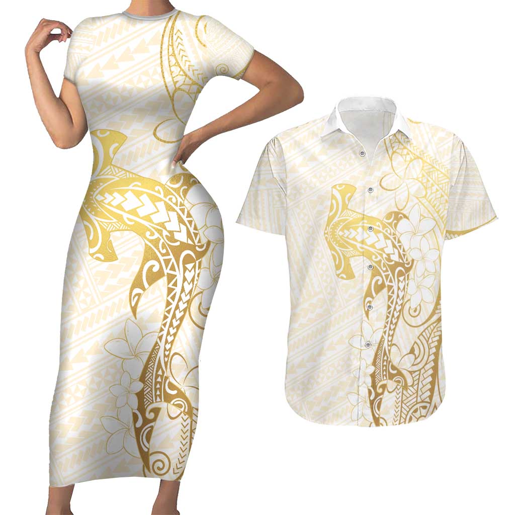 Gold and White Hawaii Couples Matching Short Sleeve Bodycon Dress and Hawaiian Shirt Hammerhead Shark Tattoo Curve Polynesian - Polynesian Pride
