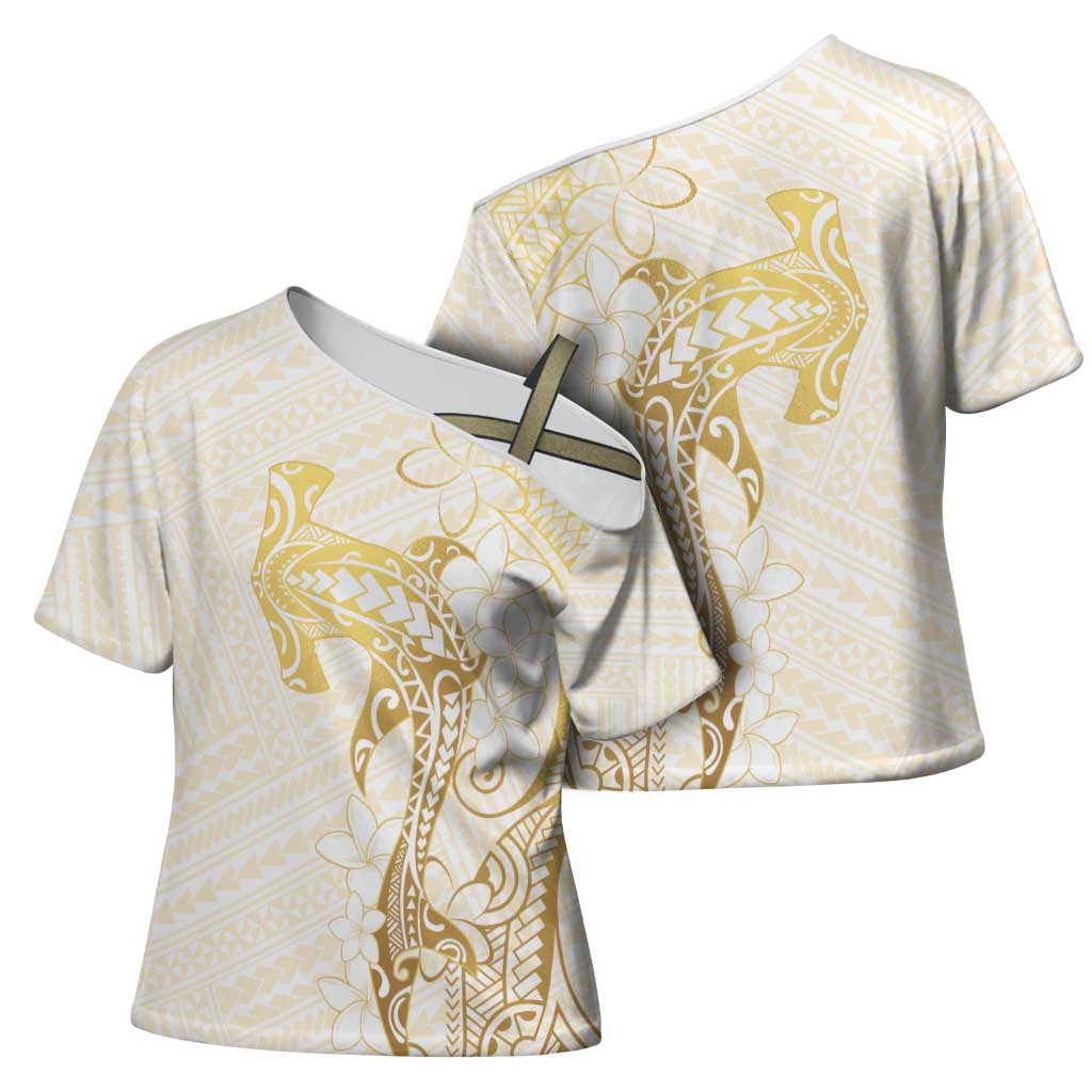 Gold and White Hawaii Cross Shoulder Shirt Hammerhead Shark Tattoo Curve Polynesian - Polynesian Pride