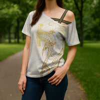 Gold and White Hawaii Cross Shoulder Shirt Hammerhead Shark Tattoo Curve Polynesian - Polynesian Pride