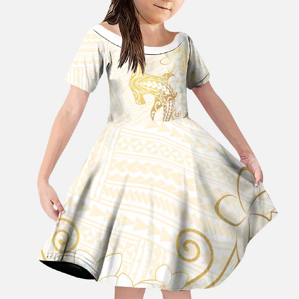 Gold and White Hawaii Family Matching Long Sleeve Bodycon Dress and Hawaiian Shirt Hammerhead Shark Tattoo Curve Polynesian - Polynesian Pride