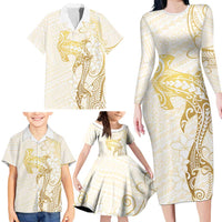 Gold and White Hawaii Family Matching Long Sleeve Bodycon Dress and Hawaiian Shirt Hammerhead Shark Tattoo Curve Polynesian - Polynesian Pride