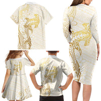 Gold and White Hawaii Family Matching Long Sleeve Bodycon Dress and Hawaiian Shirt Hammerhead Shark Tattoo Curve Polynesian - Polynesian Pride
