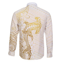 Gold and White Hawaii Family Matching Long Sleeve Bodycon Dress and Hawaiian Shirt Hammerhead Shark Tattoo Curve Polynesian - Polynesian Pride