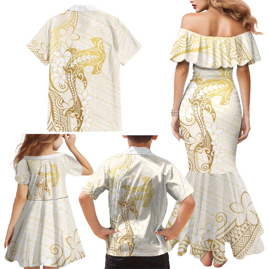Gold and White Hawaii Family Matching Mermaid Dress and Hawaiian Shirt Hammerhead Shark Tattoo Curve Polynesian - Polynesian Pride