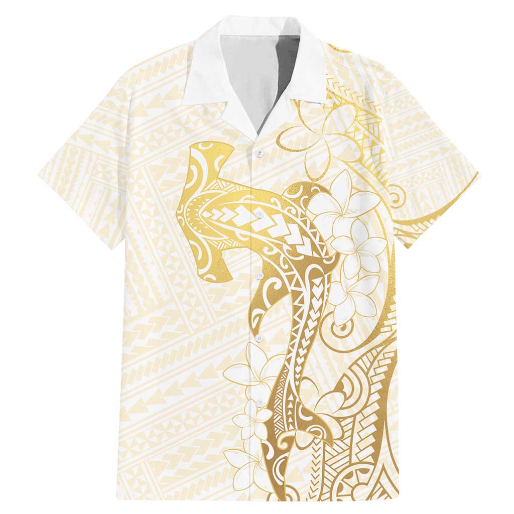 Gold and White Hawaii Family Matching Mermaid Dress and Hawaiian Shirt Hammerhead Shark Tattoo Curve Polynesian - Polynesian Pride