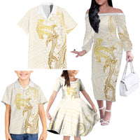 Gold and White Hawaii Family Matching Off The Shoulder Long Sleeve Dress and Hawaiian Shirt Hammerhead Shark Tattoo Curve Polynesian - Polynesian Pride