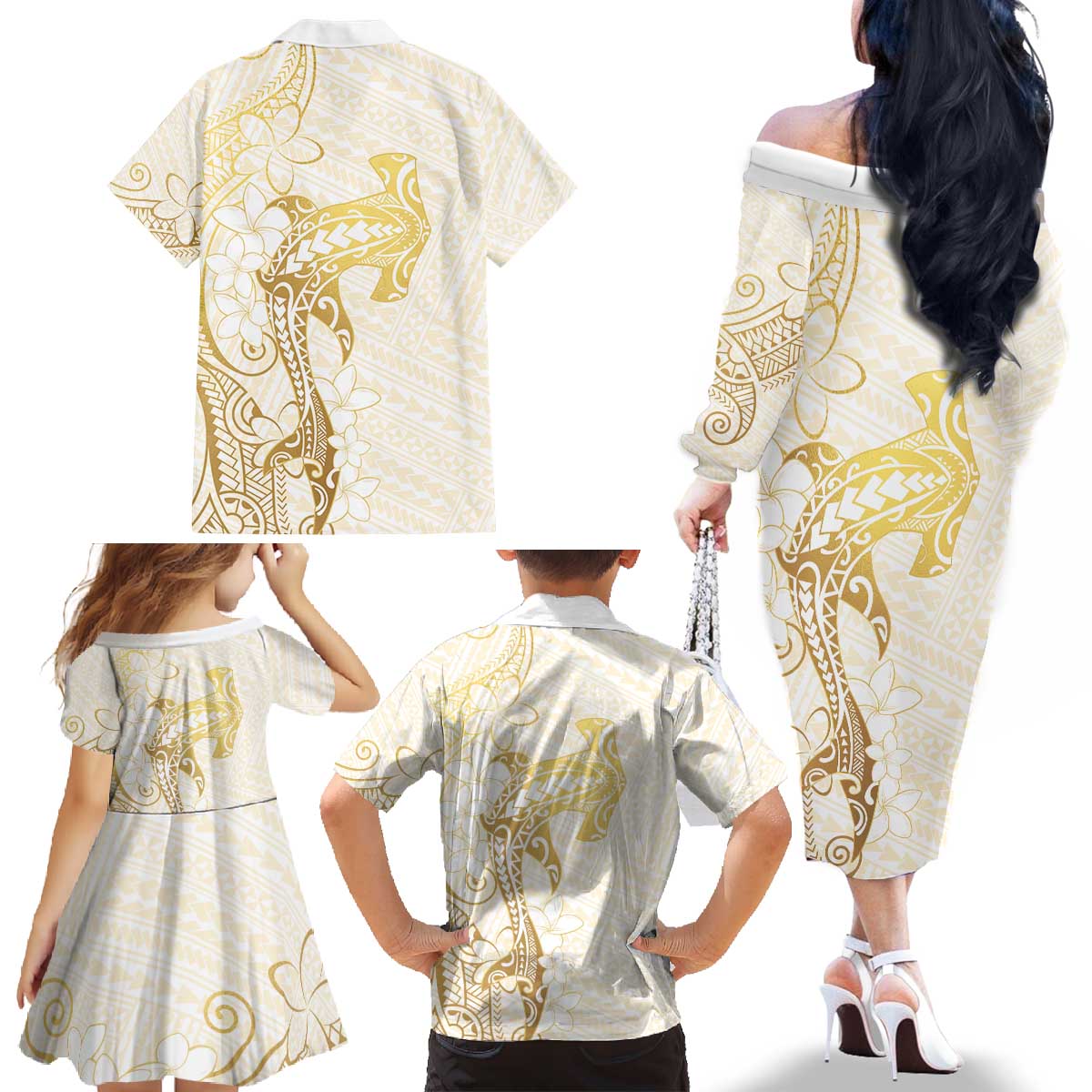 Gold and White Hawaii Family Matching Off The Shoulder Long Sleeve Dress and Hawaiian Shirt Hammerhead Shark Tattoo Curve Polynesian - Polynesian Pride