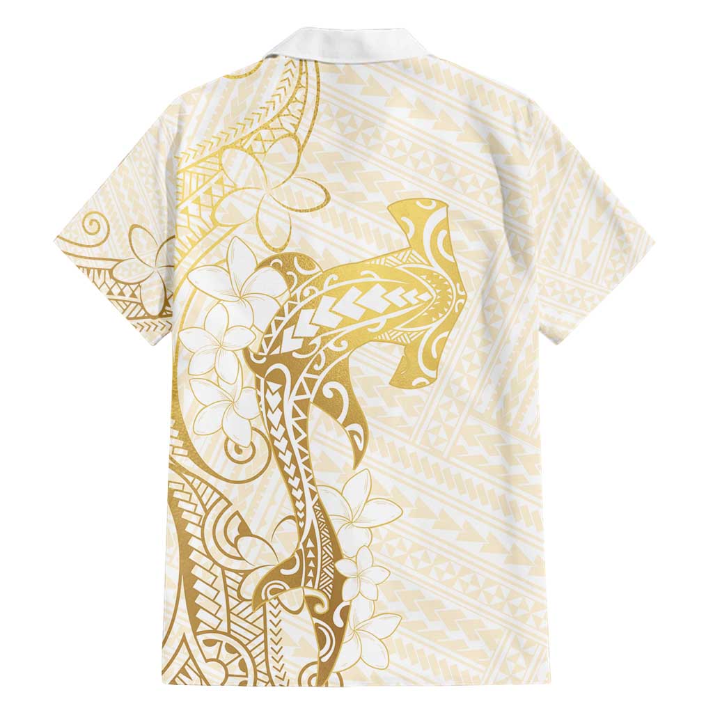 Gold and White Hawaii Family Matching Off Shoulder Maxi Dress and Hawaiian Shirt Hammerhead Shark Tattoo Curve Polynesian - Polynesian Pride