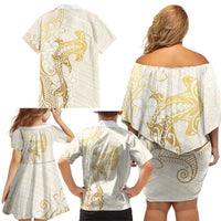Gold and White Hawaii Family Matching Off Shoulder Short Dress and Hawaiian Shirt Hammerhead Shark Tattoo Curve Polynesian - Polynesian Pride
