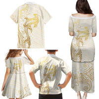 Gold and White Hawaii Family Matching Puletasi and Hawaiian Shirt Hammerhead Shark Tattoo Curve Polynesian - Polynesian Pride
