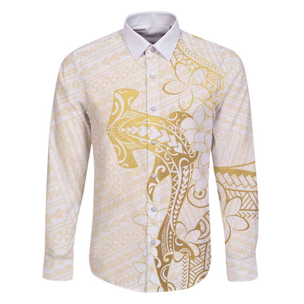 Gold and White Hawaii Family Matching Puletasi and Hawaiian Shirt Hammerhead Shark Tattoo Curve Polynesian - Polynesian Pride