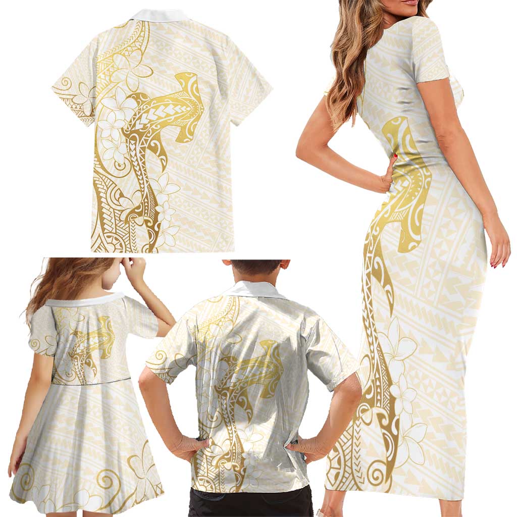 Gold and White Hawaii Family Matching Short Sleeve Bodycon Dress and Hawaiian Shirt Hammerhead Shark Tattoo Curve Polynesian - Polynesian Pride