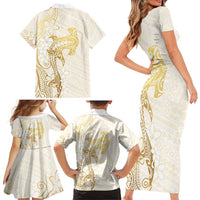 Gold and White Hawaii Family Matching Short Sleeve Bodycon Dress and Hawaiian Shirt Hammerhead Shark Tattoo Curve Polynesian - Polynesian Pride