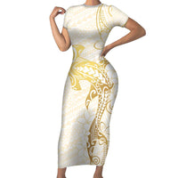 Gold and White Hawaii Family Matching Short Sleeve Bodycon Dress and Hawaiian Shirt Hammerhead Shark Tattoo Curve Polynesian - Polynesian Pride