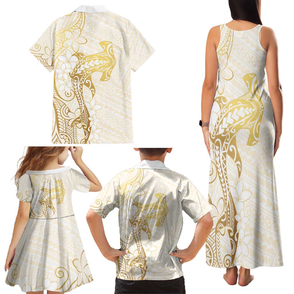 Gold and White Hawaii Family Matching Tank Maxi Dress and Hawaiian Shirt Hammerhead Shark Tattoo Curve Polynesian - Polynesian Pride