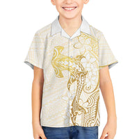 Gold and White Hawaii Family Matching Tank Maxi Dress and Hawaiian Shirt Hammerhead Shark Tattoo Curve Polynesian - Polynesian Pride